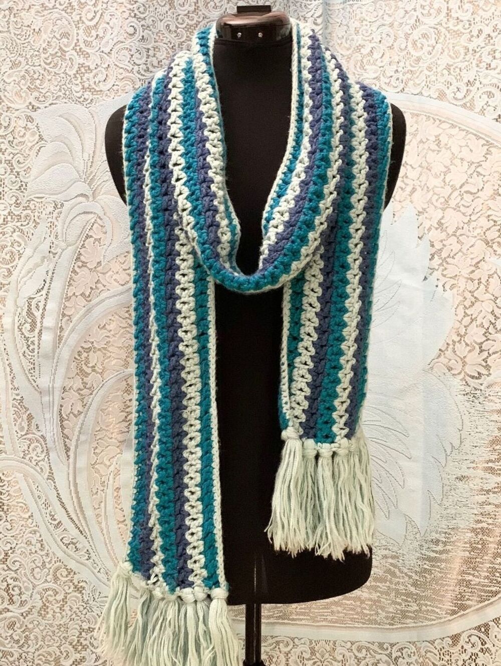 Vintage Crochet Scarf Stripe Knitted Long Teal Blue Chunky Tassel Fringe Boho